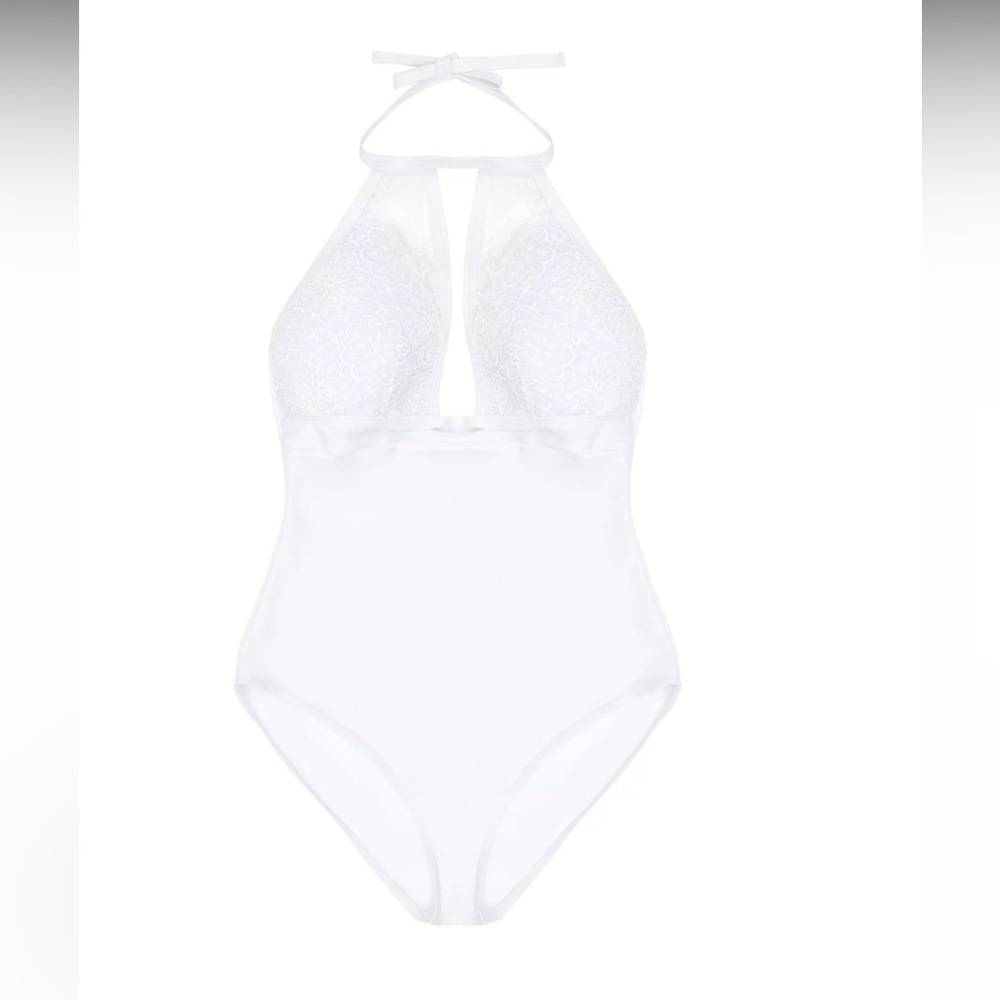 Hunter McGrady Playful Promises White High Neck Lace Panel Swimsuit Bridal US 14